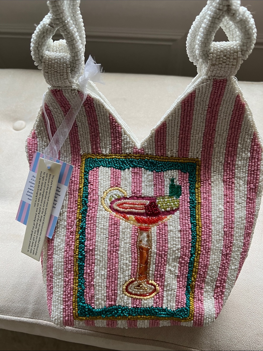 NWT! Beaded Pink & White Stripe Cocktail Tote Bag